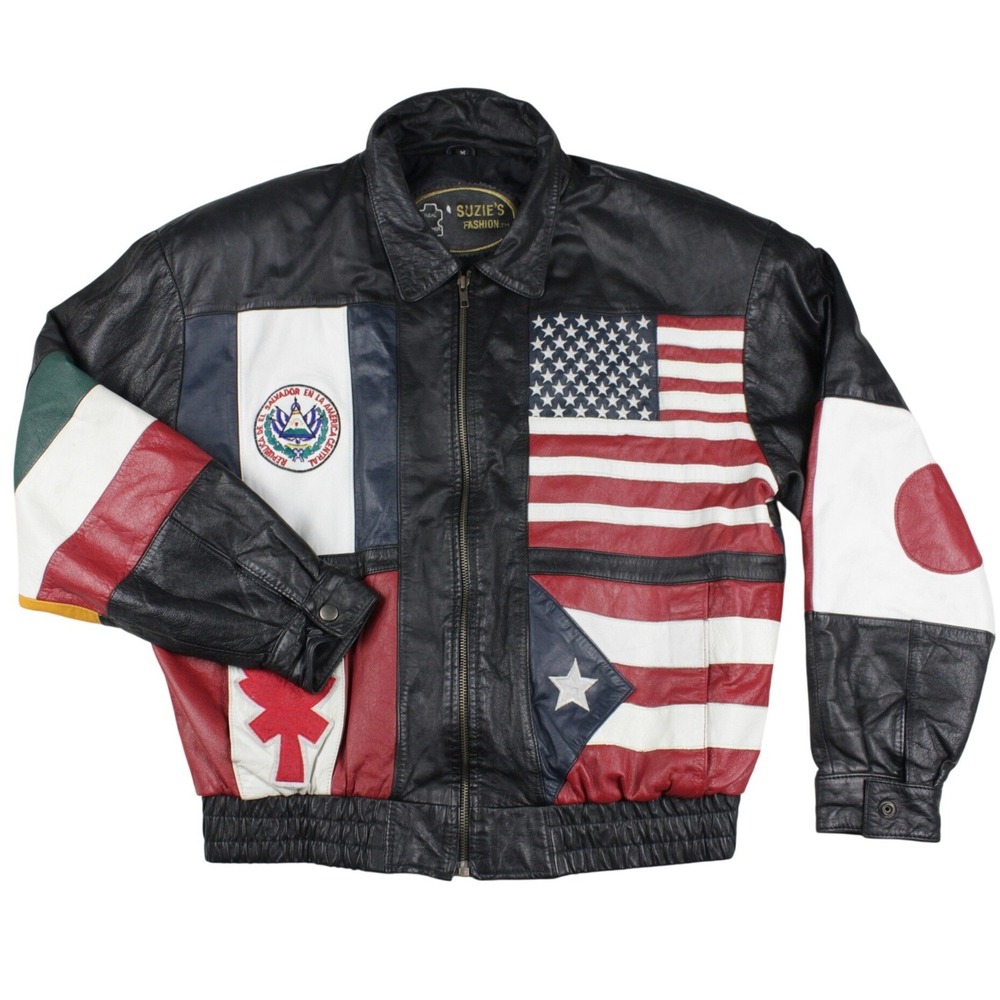 VTG World Flags Bomber Genuine Leather Jacket 90s Hip Hop Mens M Suzie's Fashion